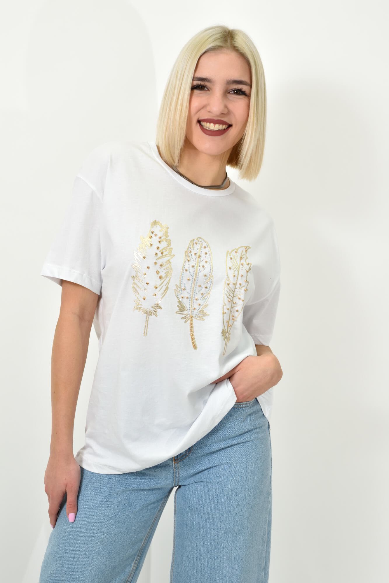 Γυναικείο T-shirt με σχέδιο φτερά Λευκό 23149