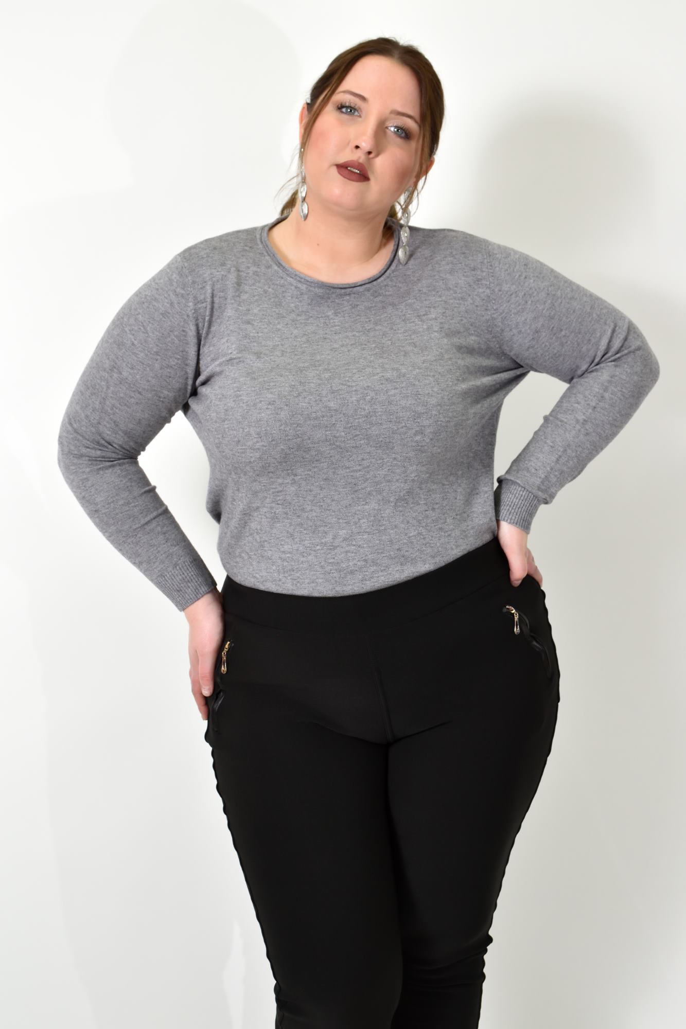 Πλεκτή basic μπλούζα plus size Γκρι 22760