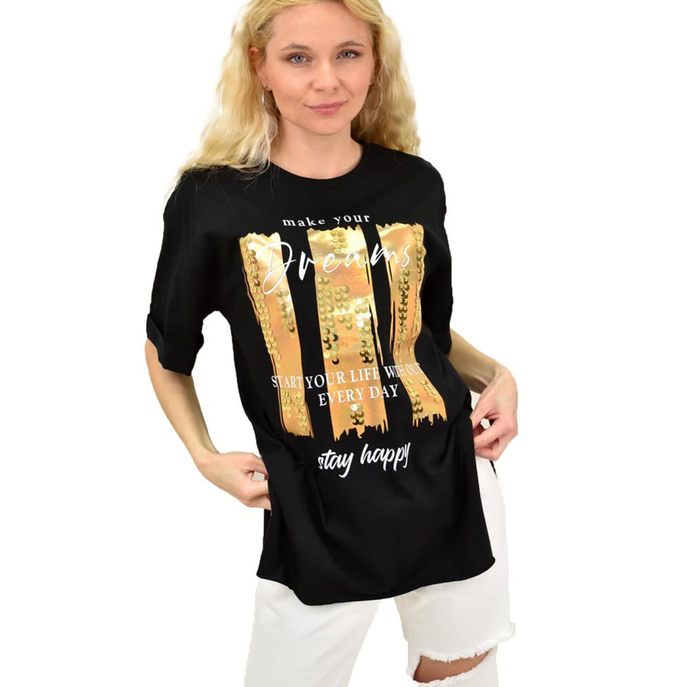 Γυναικείο T-shirt με στάμπα και στρας oversized DREAMS Μαύρο 15001