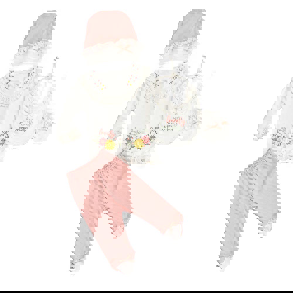 Βρεφικό σετ με σαλιάρα σκουφάκι και γαντάκια Απαλό Ροζ 15122