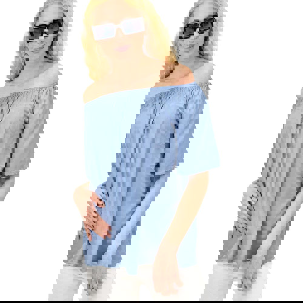 Γυναικεία μπλούζα μονόχρωμη με εξω τους ώμους Μπλε 14989