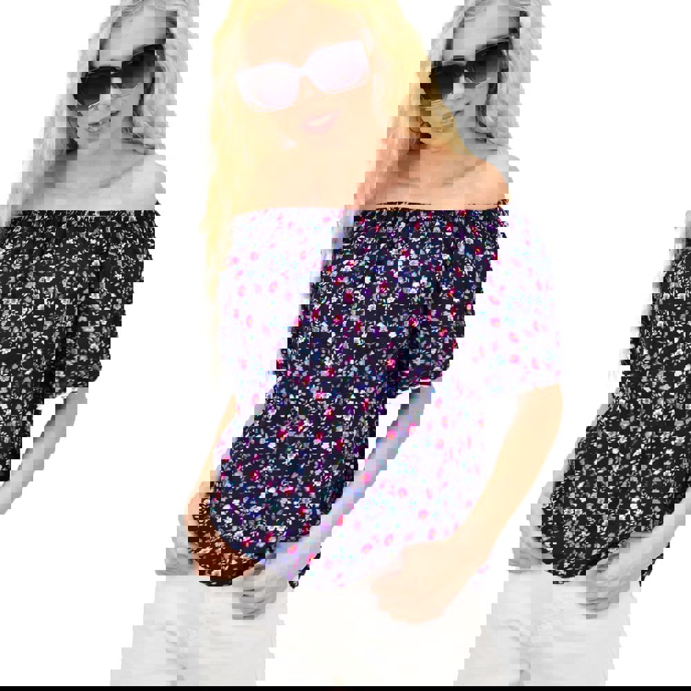 Γυναικεία μπλούζα φλοράλ με τρέσα Μπλε Σκούρο 14946