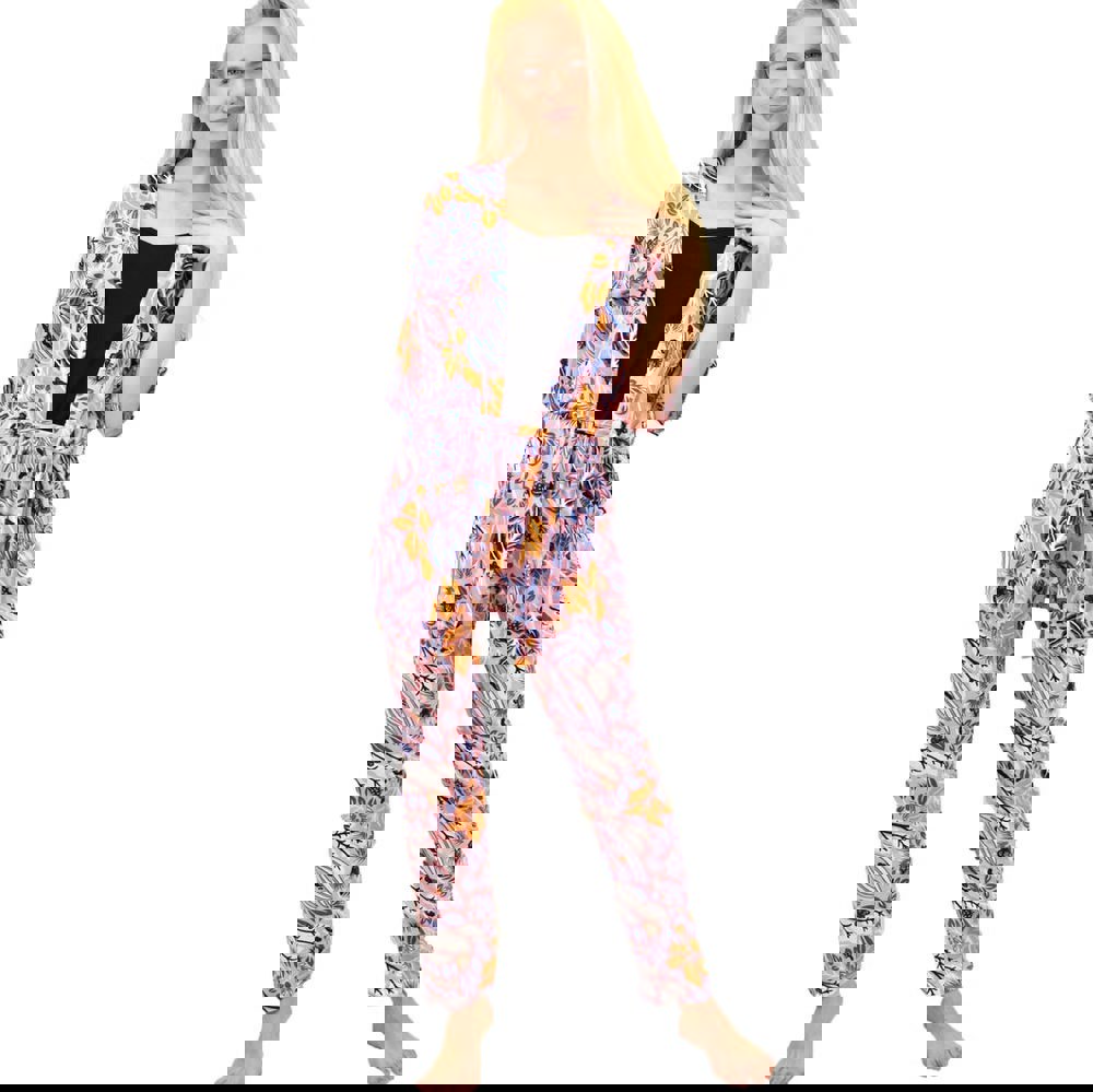 Γυναικεία πιτζάμα σετ 3 τεμ φλοράλ με ζώνη Ροζ 14260