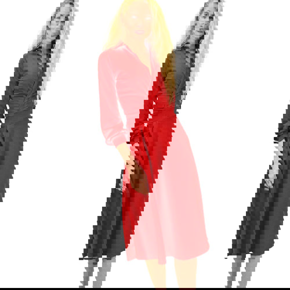 Γυναικείο φόρεμα μονόχρωμο με ζώνη και γιακά Κόκκινο 13920