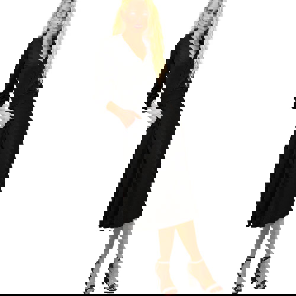 Γυναικείο φόρεμα μονόχρωμο με ζώνη και γιακά Μαύρο 13918