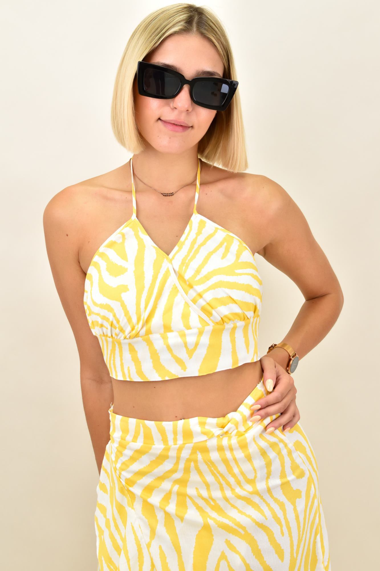 Γυναικείο crop top κρουαζέ Κίτρινο 16579