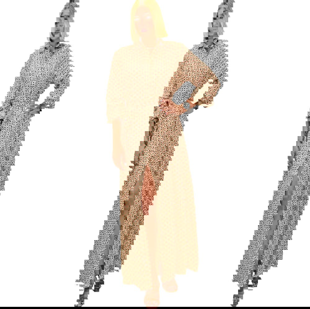 Φόρεμα εμπριμέ με κουμπιά και γιακά Μπεζ 17337