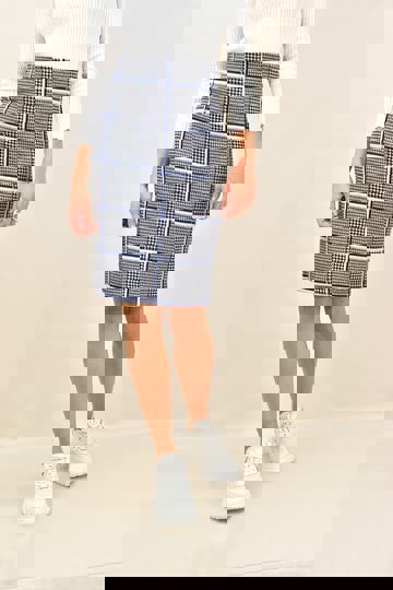  - Γυναικεία καρό κοντή φούστα Potrefashion pencil με λάστιχο στη μέση σε μπλε