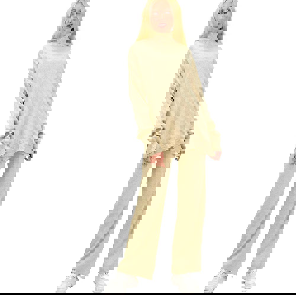 Πλεκτό σετ μπλούζα με ζιβάγκο και παντελόνι Εκρού 13487