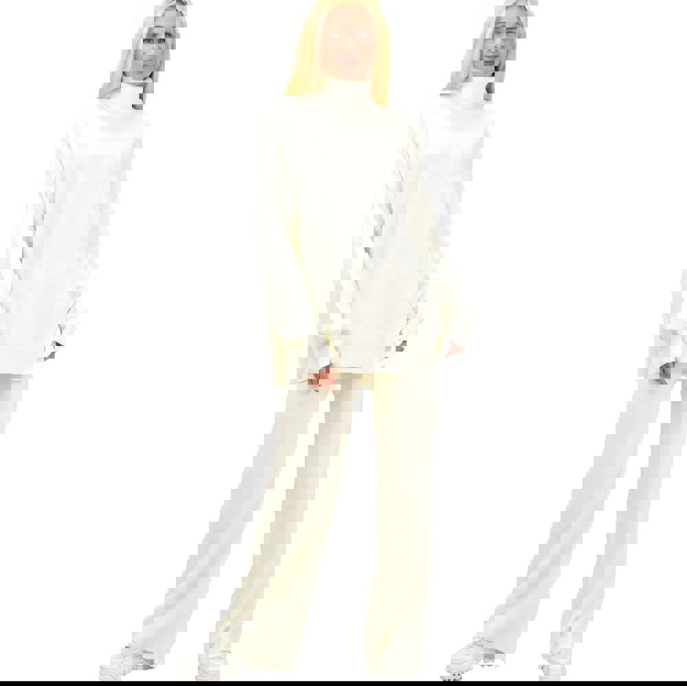 Πλεκτό σετ μπλούζα με ζιβάγκο και παντελόνι Λευκό 13489