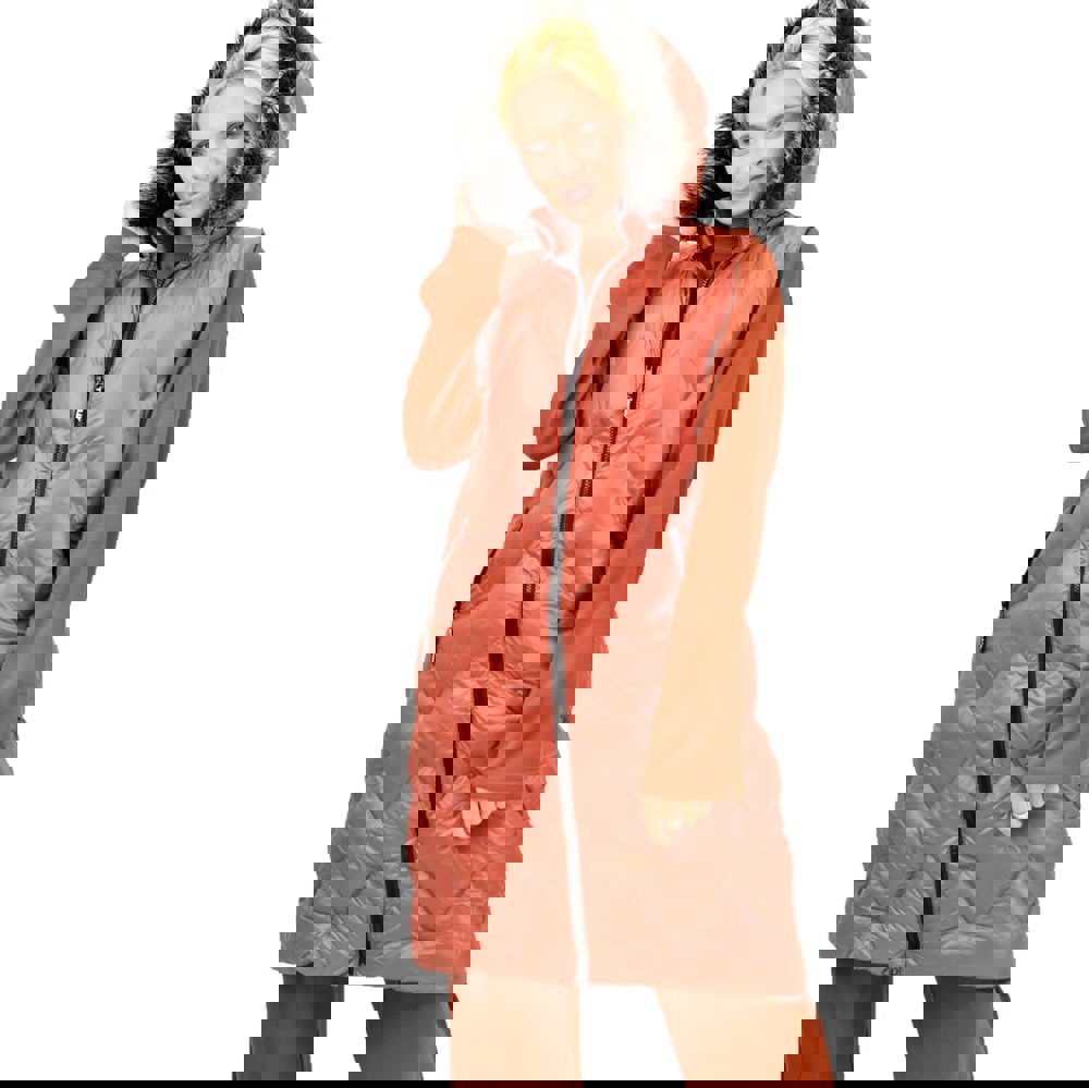 Γυναικείο μπουφάν αμάνικο με γούνα στην κουκούλα Κεραμιδί 12570