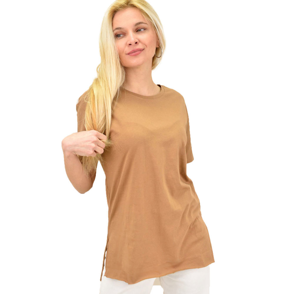 Γυναικείο T-shirt μονόχρωμο oversized Καφέ 14039 - Potre - 
