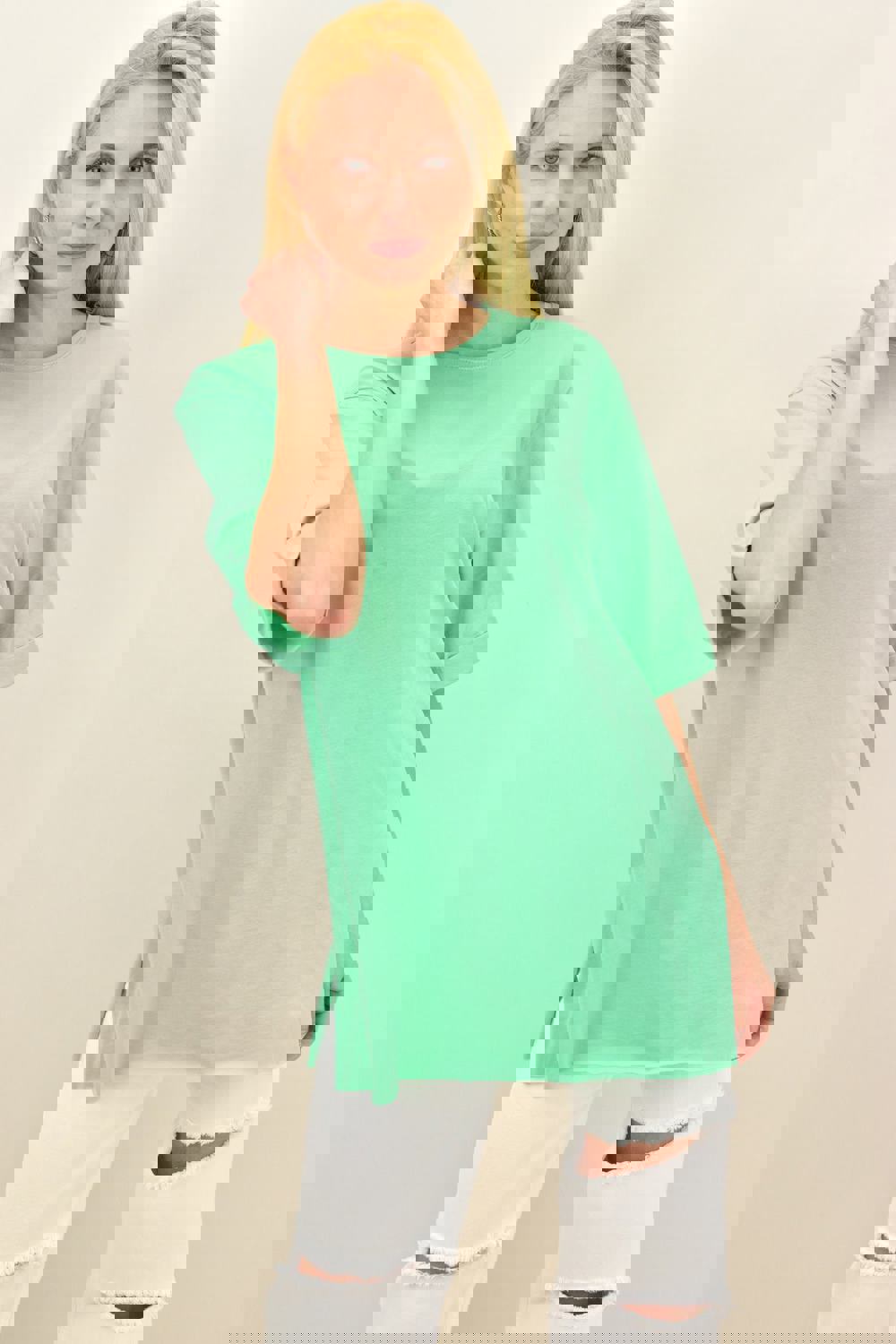 Γυναικείο T-shirt μονόχρωμο oversized Πράσινο 14057 φωτογραφία