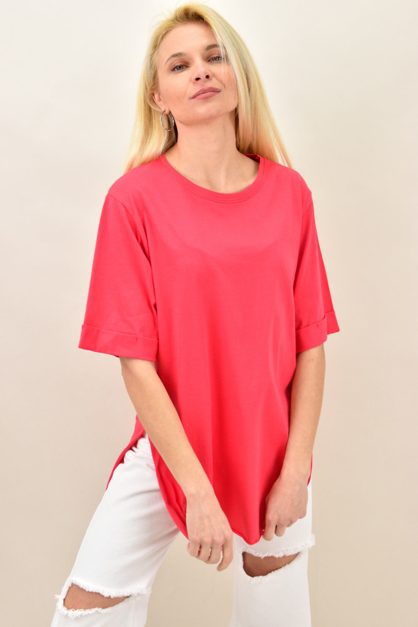 Γυναικείο T-shirt μονόχρωμο oversized Φούξια 14048