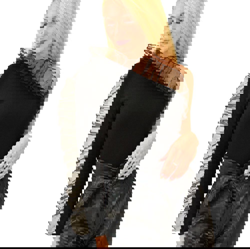 Μπλούζα με έναν ώμο και βολάν Μαύρο 13292