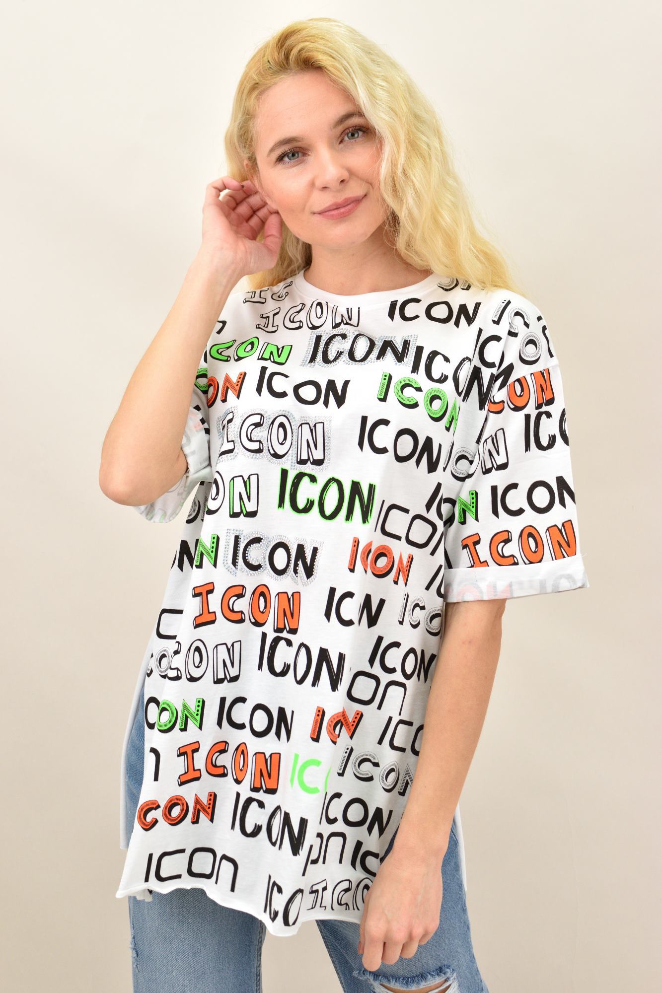Γυναικείο T-shirt με στάμπα και στρας oversized ICON Λευκό 13761