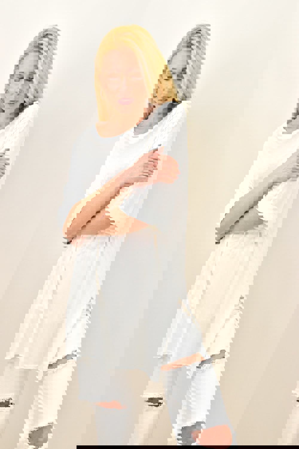 Γυναικείο T-shirt μονόχρωμο oversized Εκρού 14062 φωτογραφία