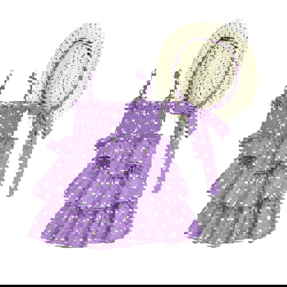 Παιδικό φόρεμα πουά με καπέλο Μωβ 14551