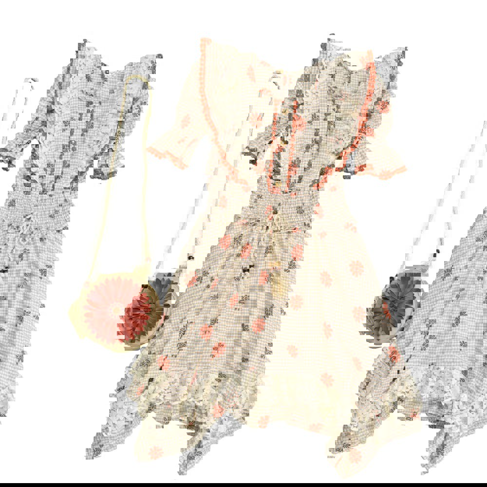 Παιδικό φόρεμα με δαντέλα και τσάντα Μπεζ 14556