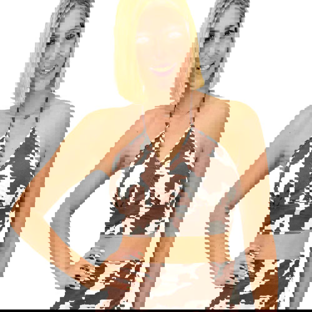 Γυναικείο crop top κρουαζέ με σχέδιο Καφέ 16849