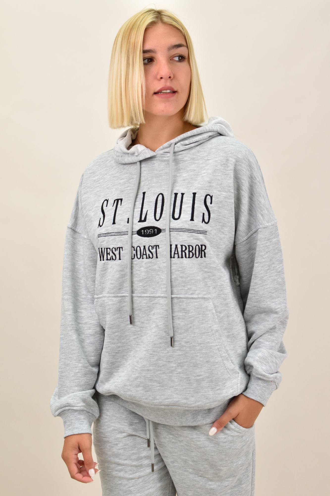 Σετ φόρμας φούτερ με κουκούλα και τύπωμα ST.LOUIS Γκρι 17562