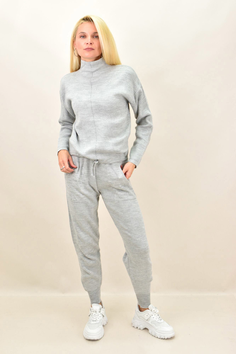 Πλεκτό σετ μπλούζα με παντελόνι Γκρι 9252 φωτογραφία