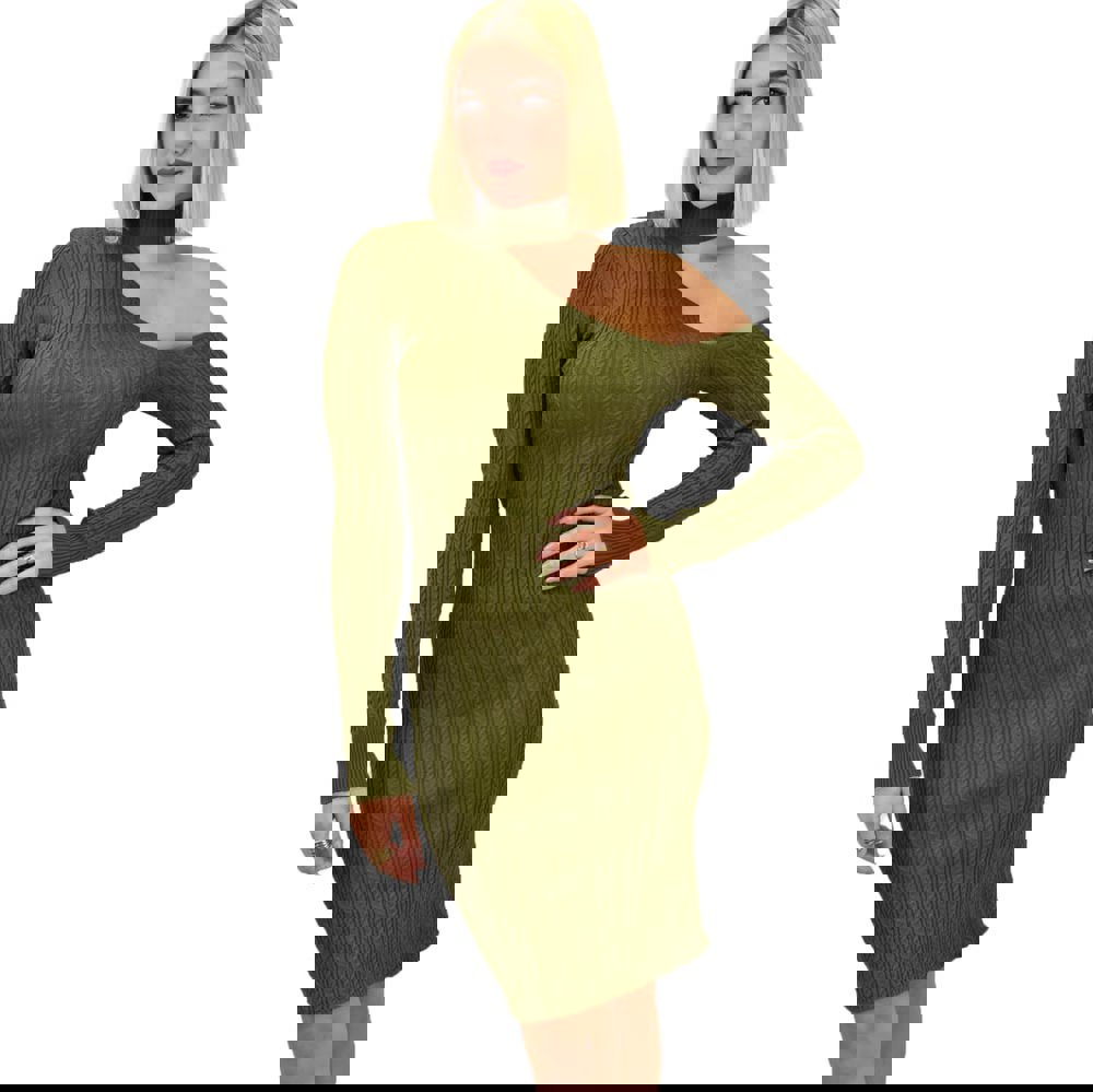 Γυναικείο φόρεμα midi με σχέδιο και τσόκερ Λαδί 18255