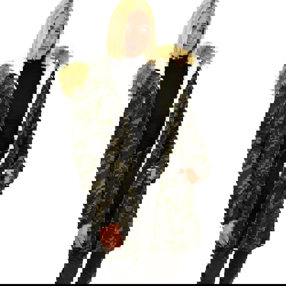 Μπουφάν παρκά παραλλαγής με αποστώμενη επένδυση γούνας Χακί 17637