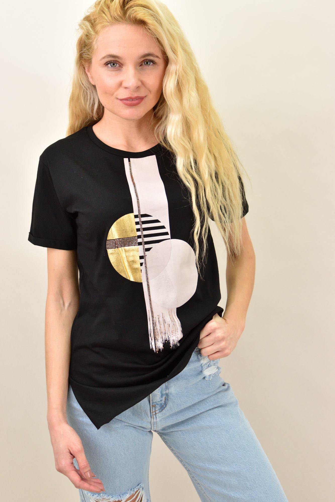 Γυναικείο T-shirt με γεωμετρική στάμπα στρας Μαύρο 13807