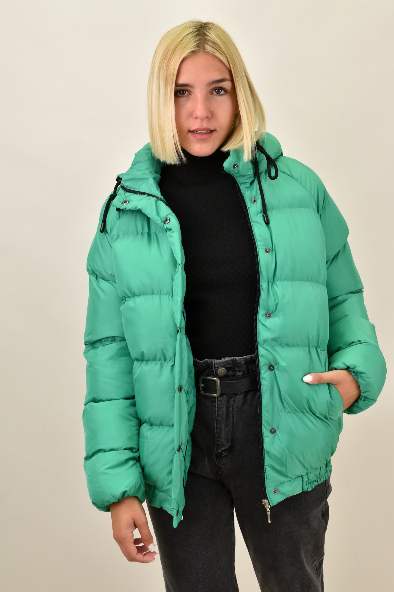 Puffer μπουφάν με αφαιρούμενη κουκούλα Πράσινο 17649