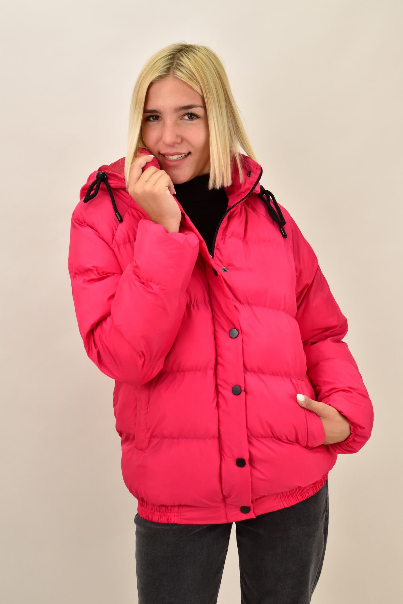 Puffer μπουφάν με αφαιρούμενη κουκούλα Φούξια 17653