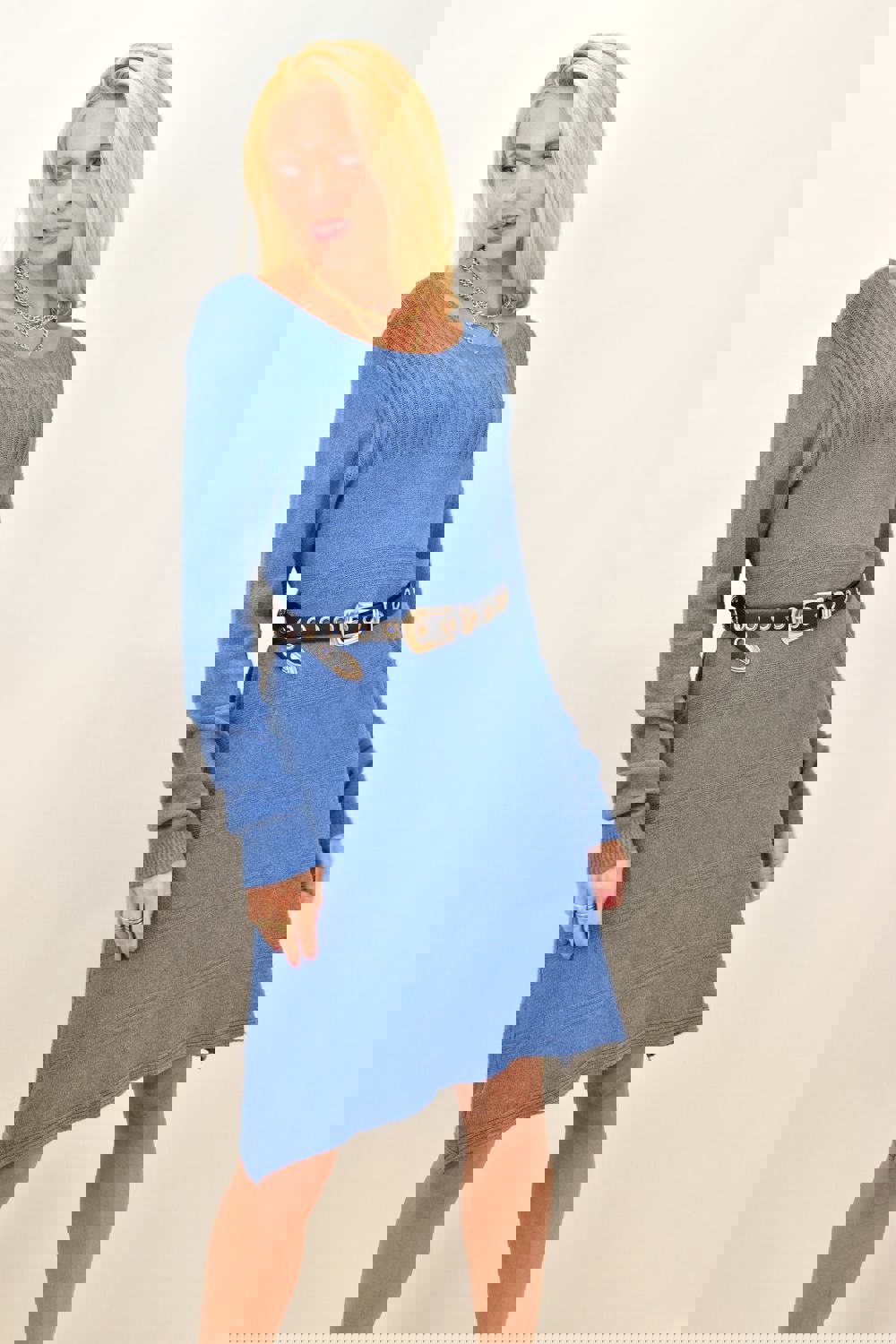 Γυναικείο πλεκτό midi φόρεμα με σχέδιο Μπλε 12863 φωτογραφία