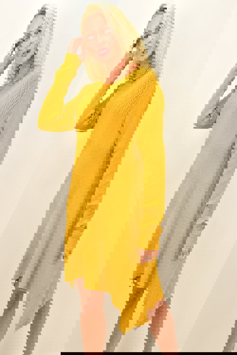 Γυναικείο πλεκτό midi φόρεμα με σχέδιο Μουσταρδί 12861 φωτογραφία