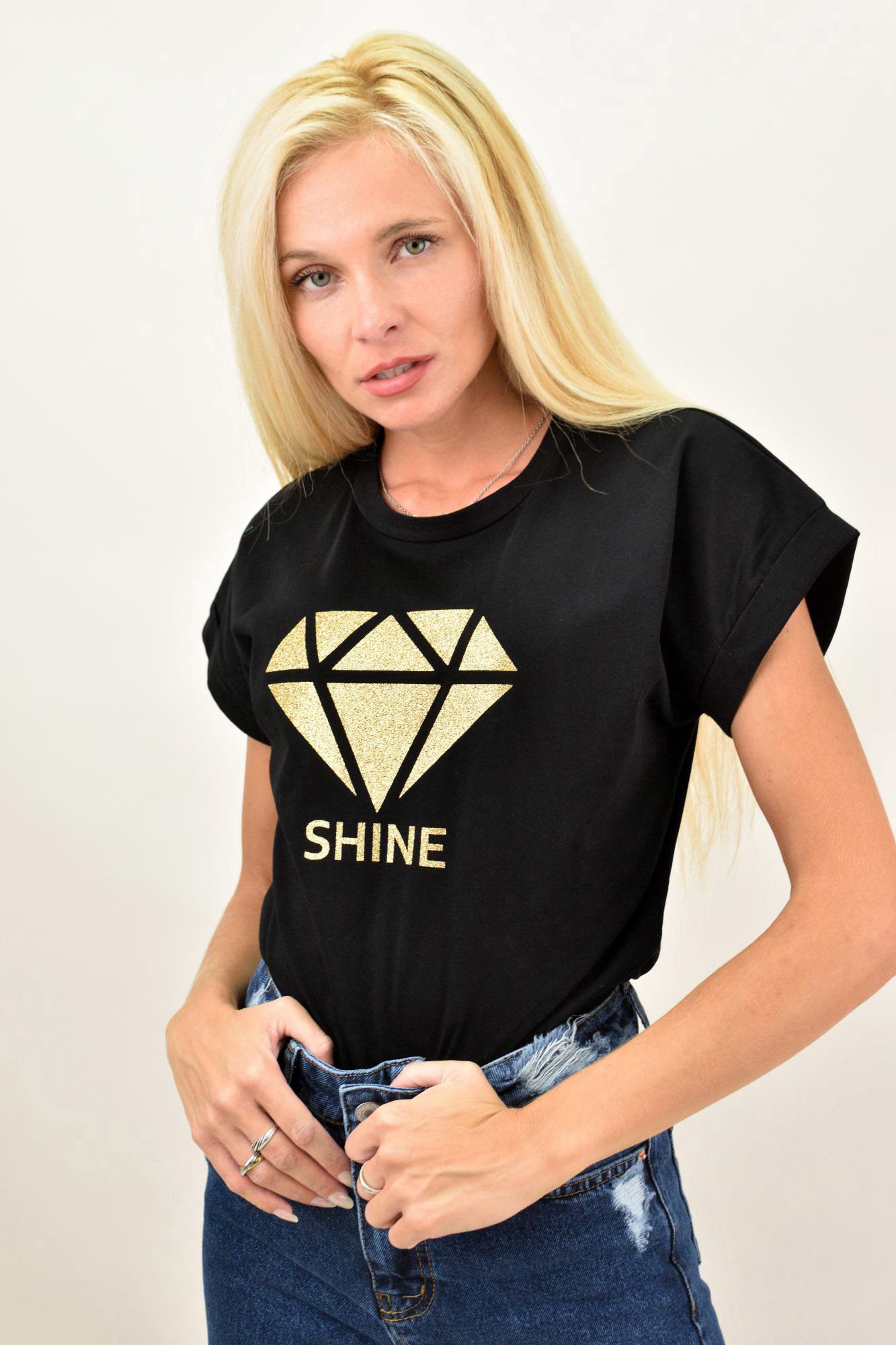 Γυναικείο T-Shirt με τύπωμα shine Μαύρο 13274