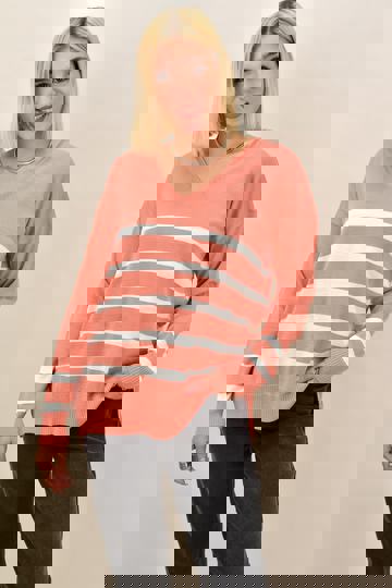  - Πλεκτή μπλούζα ριγέ oversized σε σομόν