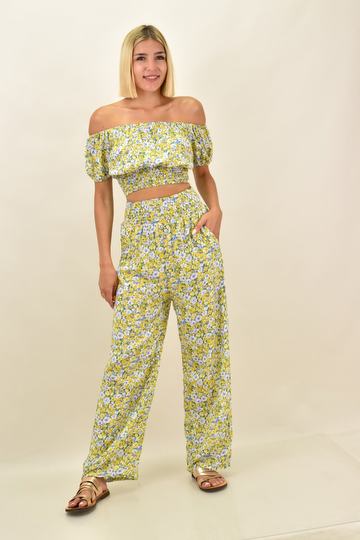  - Γυναικείο σετ φλοράλ με crop top και παντελόνα σε κίτρινες αποχρώσεις