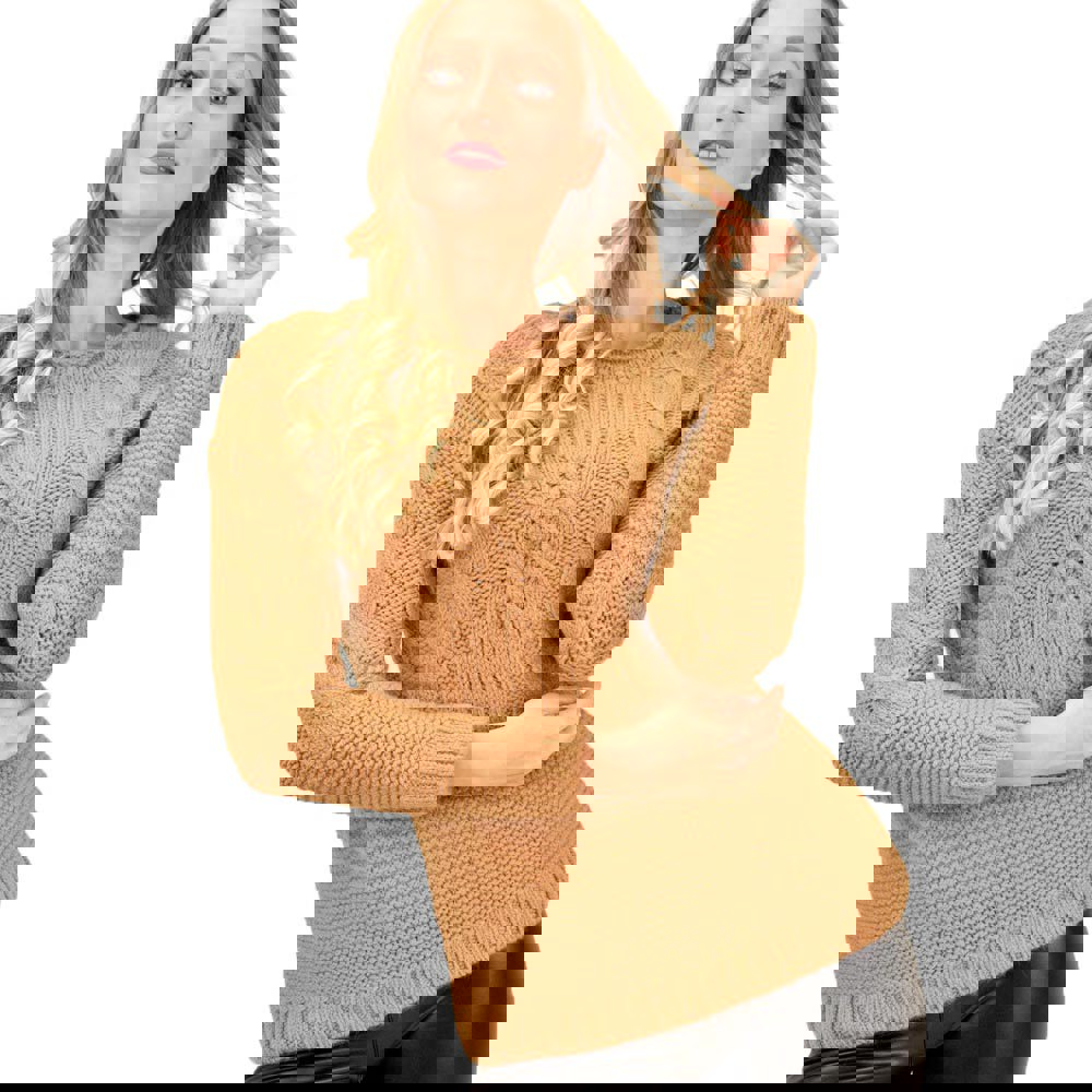 Γυναικείο πλεκτό πουλόβερ με σχέδιο πλεξούδες Καφέ 13176