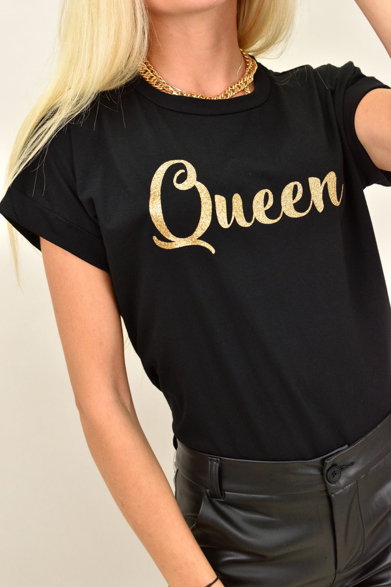 Γυναικείο T-shirt με χρυσό queen Μαύρο 12992