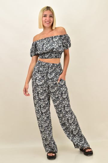  - Γυναικείο σετ φλοράλ με crop top και παντελόνα σε μαύρες αποχρώσεις