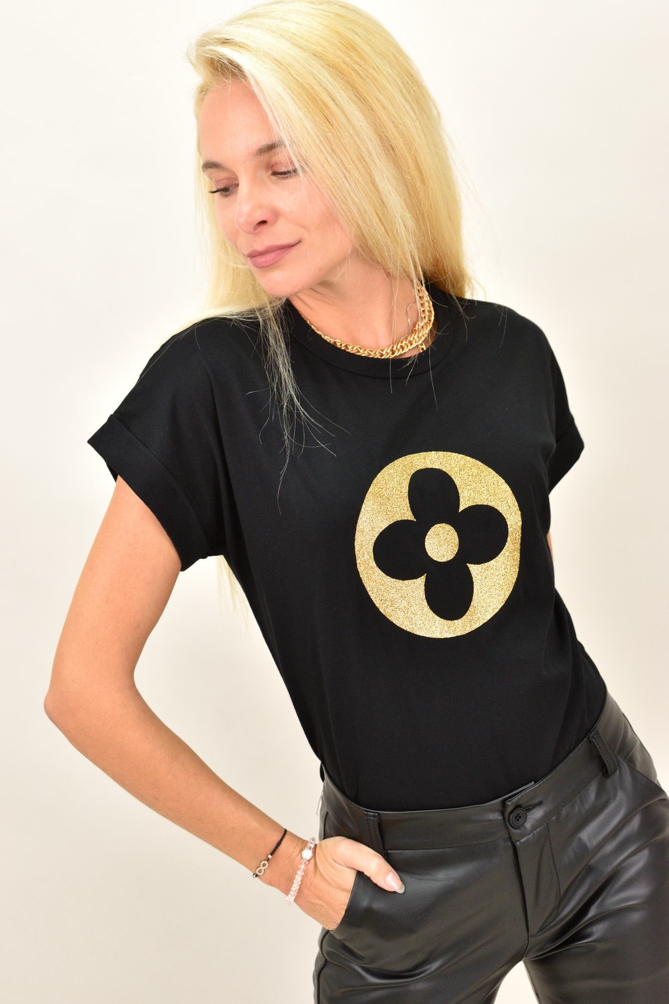 Γυναικείο T-shirt με χρυσό τύπωμα λουλούδι Μαύρο 13289