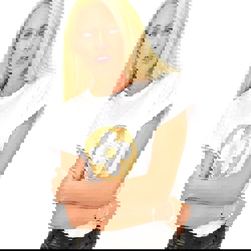 Γυναικείο T-shirt με χρυσό τύπωμα λουλούδι Λευκό 13000