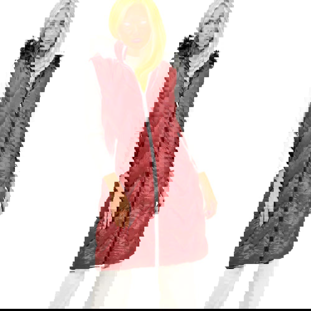 Γυναικείο μπουφάν αμάνικο με γούνα στην κουκούλα Μπορντώ 12786