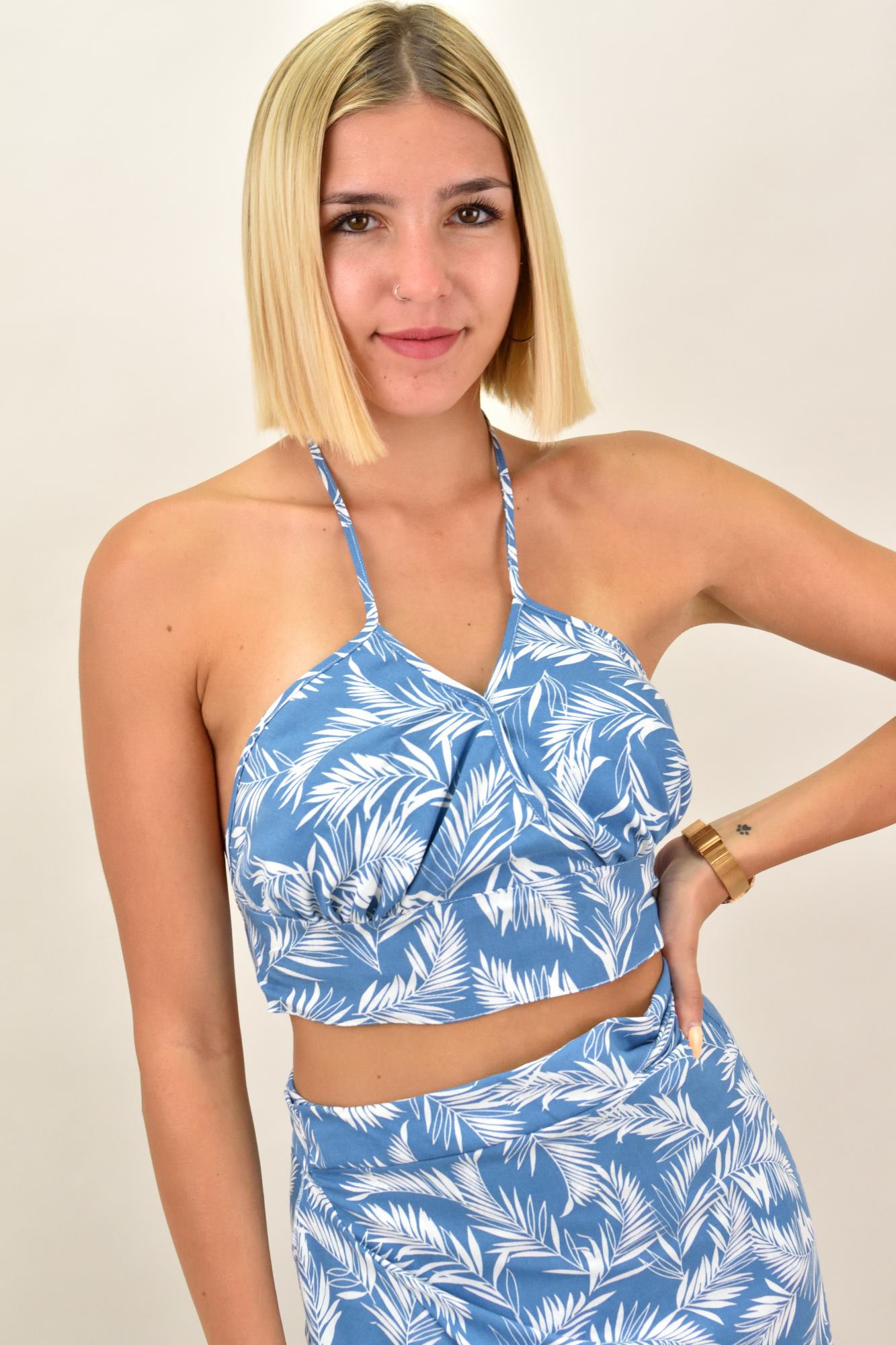 Γυναικείο crop top κρουαζέ φλορραλ Μπλε 16898