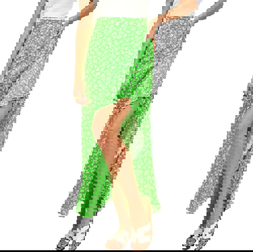 Κρουαζέ φούστα φλοράλ με βολάν Πράσινο 16159