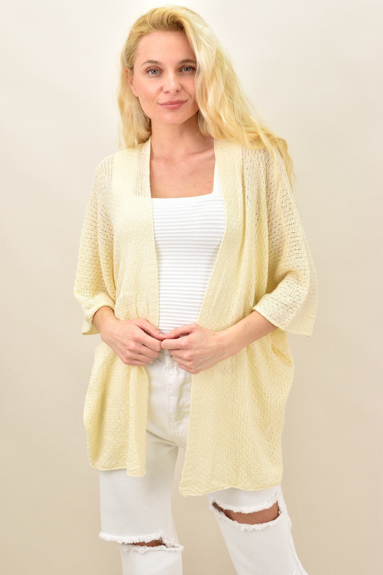 Γυναικεία ζακέτα διάτρητη oversized Εκρού 14160