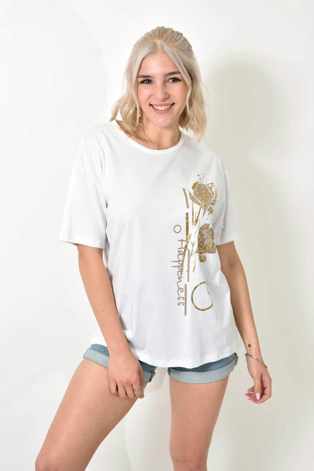 T-Shirt με σχέδιο "Happiness" Λευκό 24241 φωτογραφία