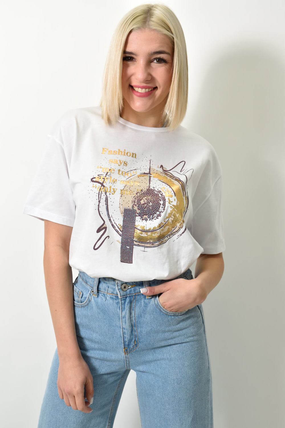 Γυναικείο T-shirt με τύπωμα και στρας Λευκό 23770 φωτογραφία