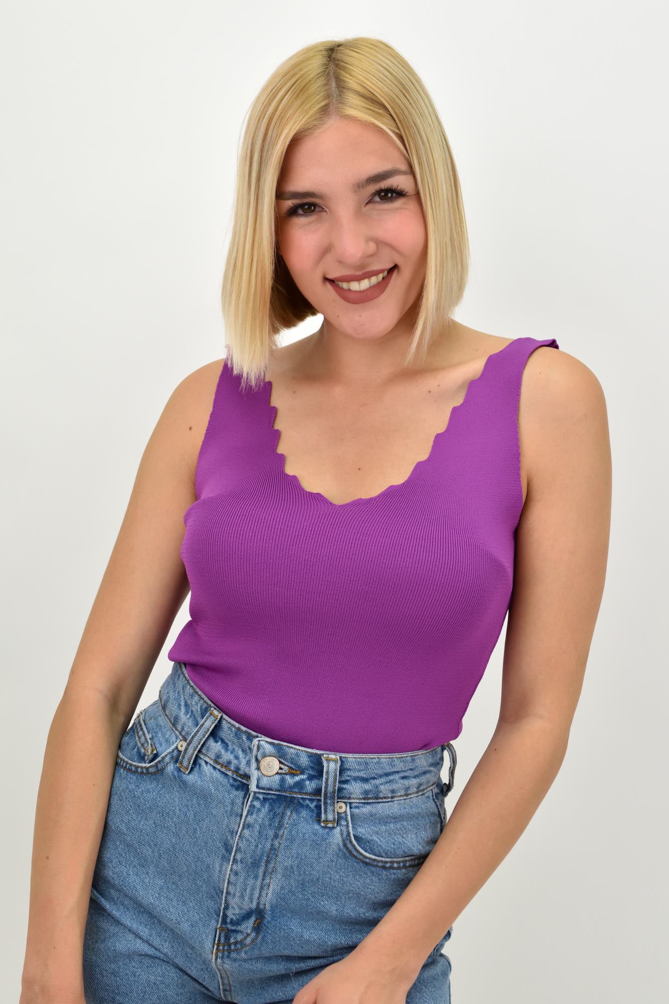 Γυναικείο Ριπ Τοπ με V-Neck κυματιστό ντεκολτέ Ματζέντα 20654