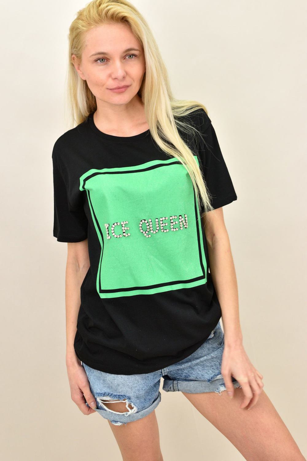Γυναικείο T-shirt με στάμπα "ice queen" Μαύρο 14345 φωτογραφία