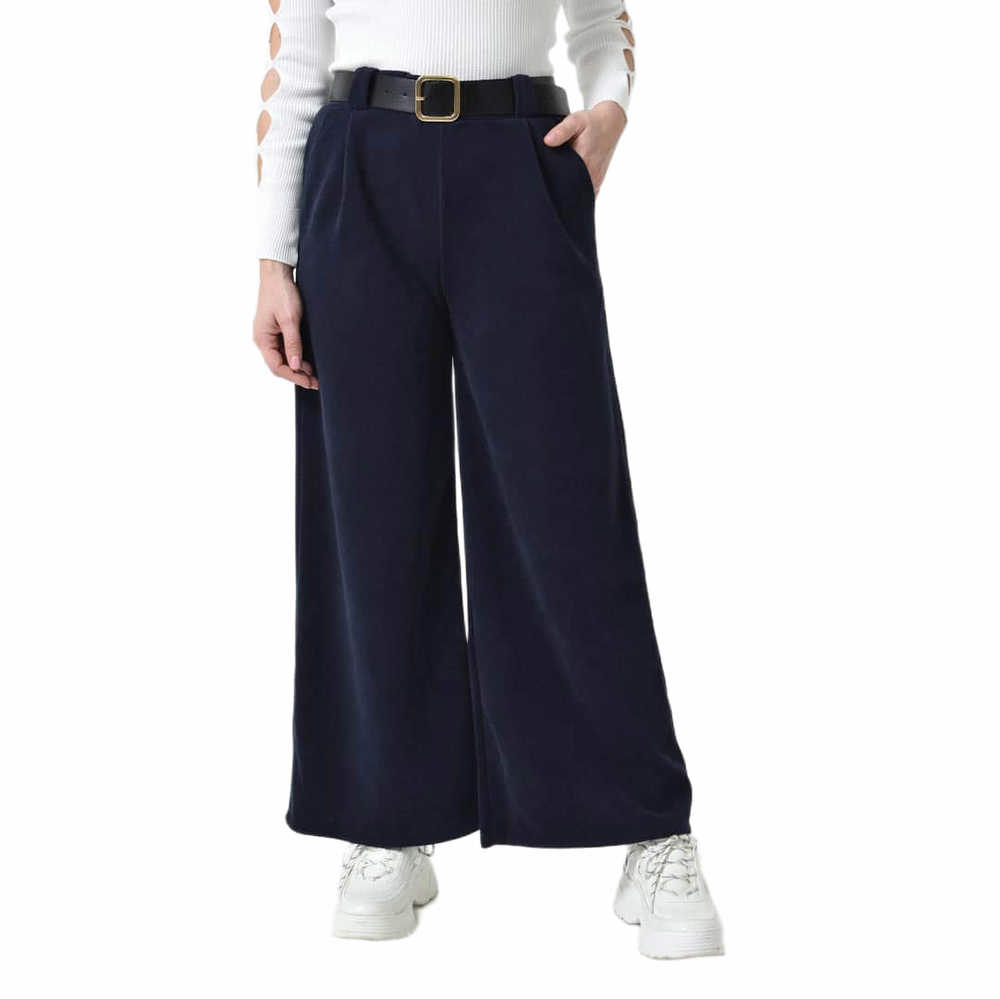 Ψηλόμεση Παντελόνα με Τσέπες, Λάστιχο & Ζώνη Δερματίνη σε ίσια γραμμή Μπλε Σκούρο 27235